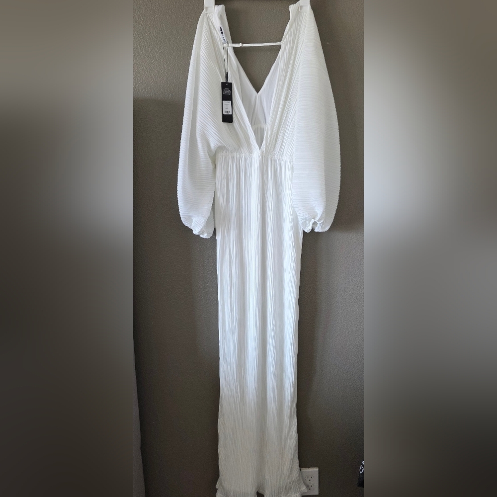 Fashion Nova White Plunge Bishop Sleeve Gown